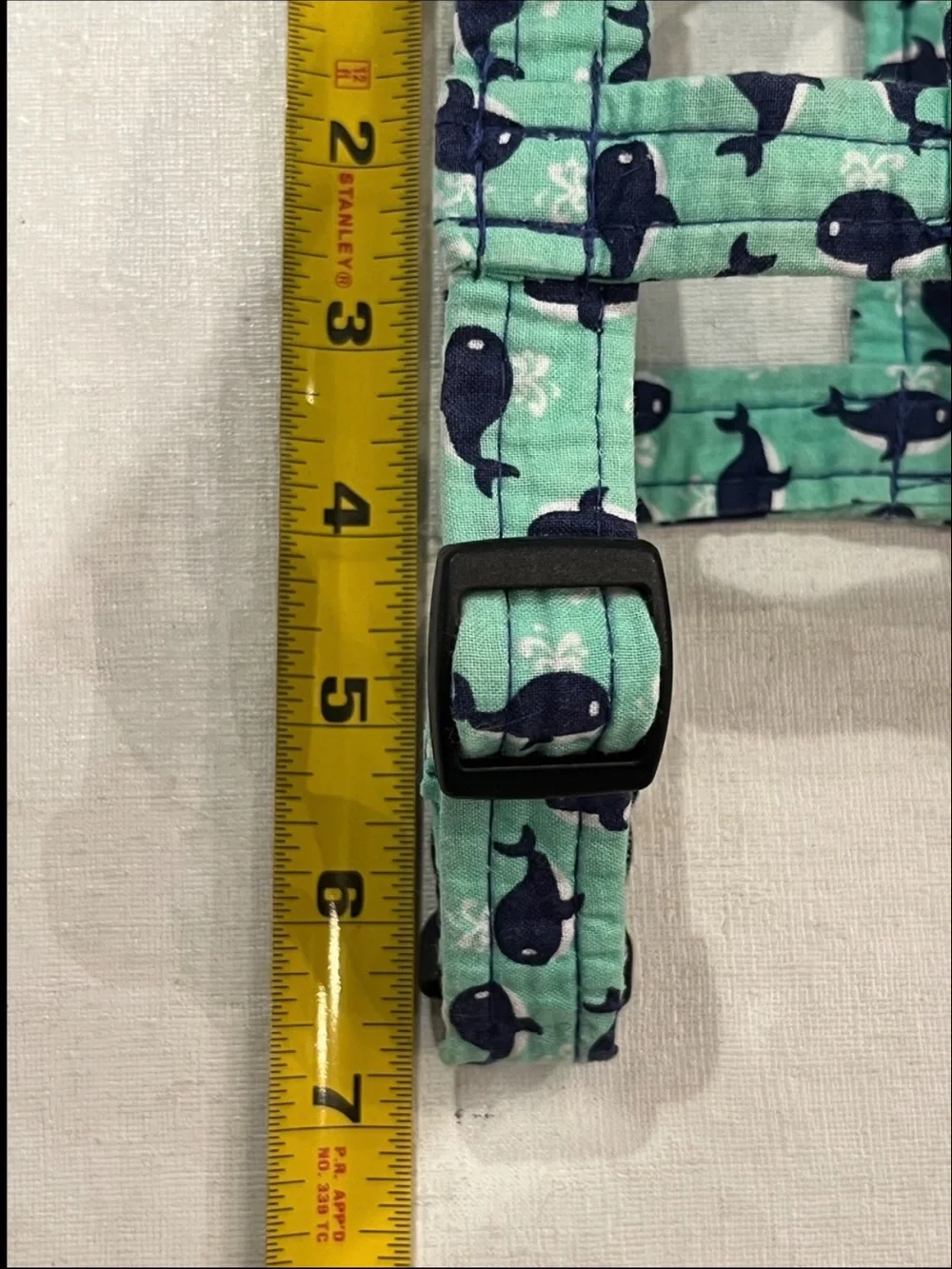 Handmade mint and navy blue Whale Print Adjustable Harness. Size Small